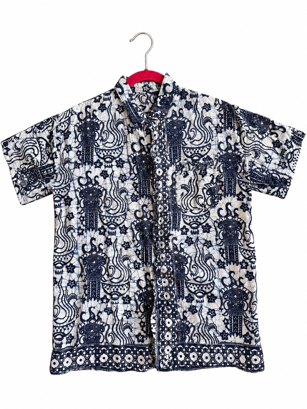 Batik Navy and White Short-Sleeve Printed Button-Up Shirt